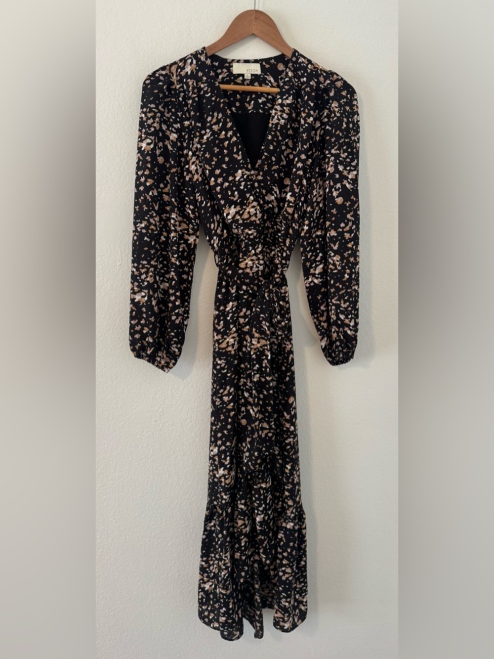 PINCH Black Abstract Print Faux Wrap Dress Tie Waist Front Slit Peasant Sleeve S